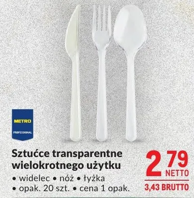 Sztućce transparentne wielokrotnego użytku widelec, nóż, łyżka promocja w Makro