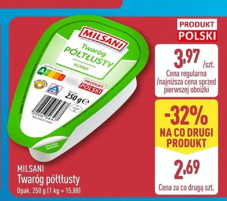 Twaróg półtłusty Milsani promocja w Aldi