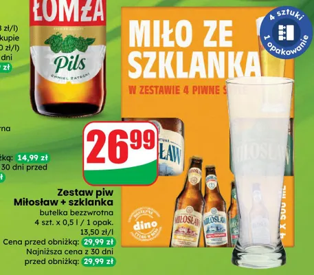 Zestaw piw Miłosław + szklanka butelka bezwrotna promocja w Dino