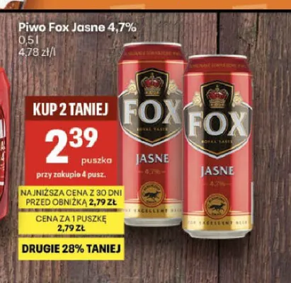 Piwo Fox Jasne 4,7% 500 ml promocja w Delikatesy Centrum