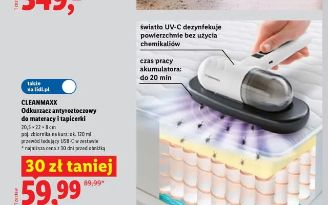 Odkurzacz antyroztoczowy do materacy i tapicerki Cleanmaxx promocja w Lidl