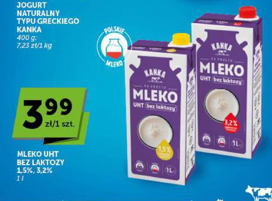 Mleko UHT bez laktozy Kanka 1,5% promocja w Groszek