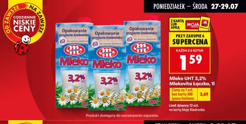 Mleko UHT 3,2% Mlekovita Łączka promocja w Biedronka