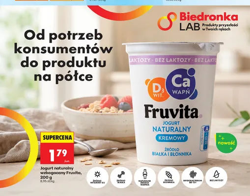 Jogurt naturalny kremowy bez laktozy wzbogacany Fruvita promocja w Biedronka