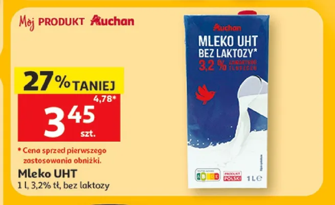 Mleko UHT bez laktozy Auchan promocja w Auchan