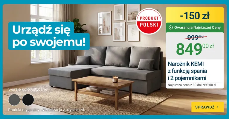 Narożnik Kemi z funkcją spania i 2 pojemnikami promocja w ERLI