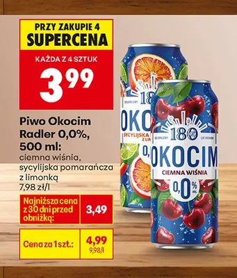 Piwo bezalkoholowe Okocim Radler 0,0% ciemna wiśnia 500 ml promocja w Biedronka