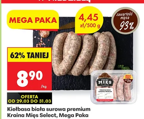 Kiełbasa biała surowa premium Mega Paka promocja w Biedronka
