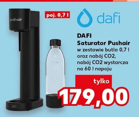 Saturator Pushair w zestawie butla 0,7 l oraz nabój CO2, nabój CO2 wystarcza na 60 l napoju promocja w Kaufland
