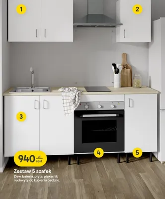 Zestaw 5 szafek zlew, bateria, płyta, piekarnik i uchwyty do kupienia osobno promocja w Castorama