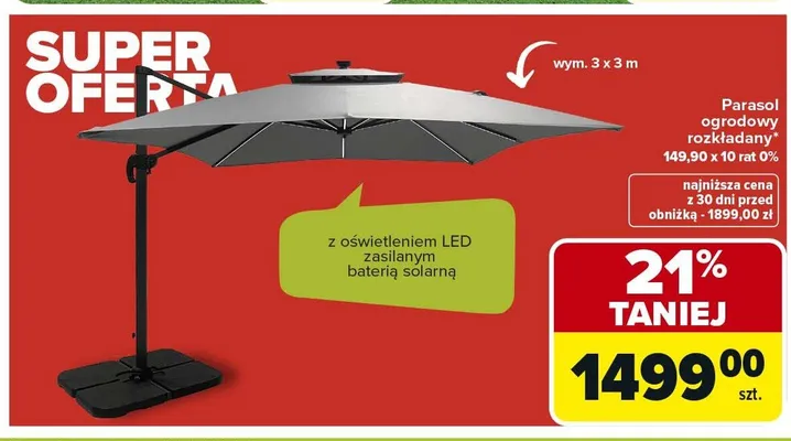 Parasol ogrodowy rozkładany z oświetleniem LED zasilanym baterią solarną promocja w Carrefour