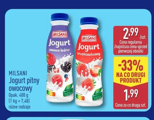 Jogurt pitny owocowy owoce leśne Milsani promocja w Aldi