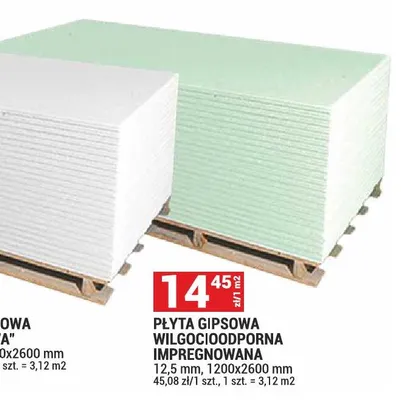 Płyta gipsowa wilgocioodporna impregnowana 12,5mm 1200x2600mm promocja w Merkury Market