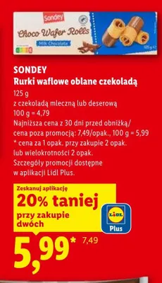 Rurki waflowe oblane czekoladą deserową SONDEY promocja w Lidl