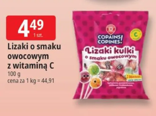 Lizaki o smaku owocowym z witaminą C Copains Copines promocja w Leclerc
