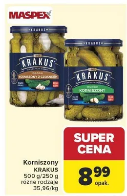 Ogórki korniszony z czosnkiem Krakus promocja w Carrefour Market