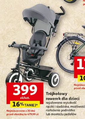 Trójkołowy rowerek dla dzieci regulowana wysokość rączki i siedziska, możliwość rozłożenia daszka lub montażu pedałów promocja w Auchan
