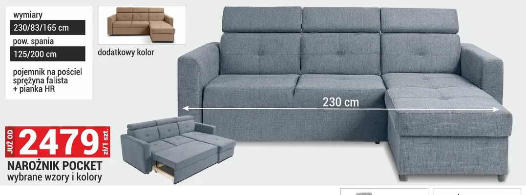 Narożnik Pocket 230/83/165cm promocja w Merkury Market