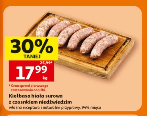 Kiełbasa biała surowa z czosnkiem niedźwiedzim Auchan promocja w Auchan