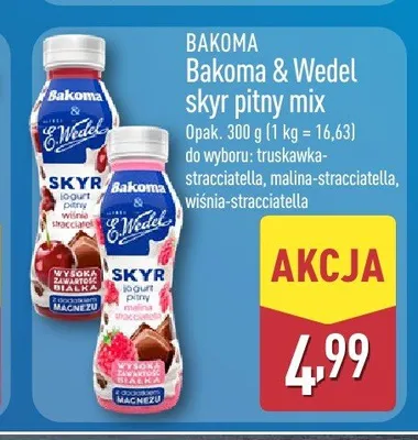 Jogurt skyr pitny Bakoma & Wedel malina-stracciatella promocja w Aldi