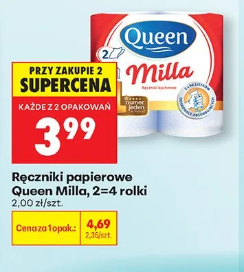 Ręczniki papierowe Queen Milla 2=4 rolki promocja w Biedronka