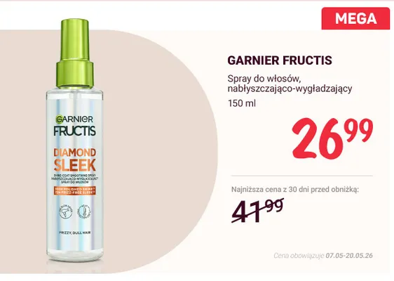 Spray do włosów nabłyszczająco-wygładzający Garnier Fructis Diamond Sleek promocja w Rossmann