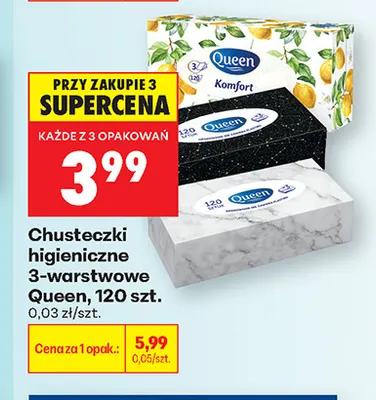 Chusteczki higieniczne 3-warstwowe Queen promocja w Biedronka