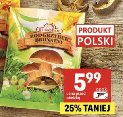 Grzyby suszone podgrzybek brunatny kapelusz, podgrzybek brunatny krojony, borowik szlachetny krojony promocja w Delikatesy Centrum