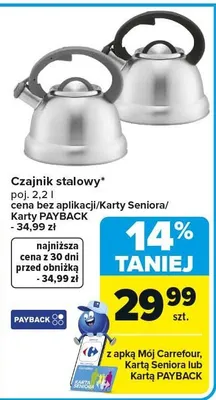 Czajnik stalowy poj. 2,2 l cena bez aplikacji/Karty Seniora/ Karty PAYBACK promocja w Carrefour