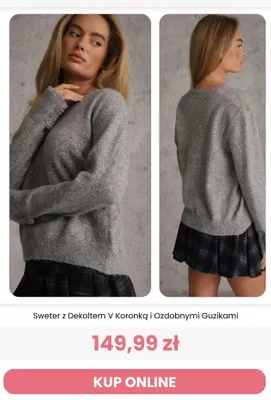 Sweter z dekoltem V koronką i ozdobnymi guzikami Reneé promocja w Renee