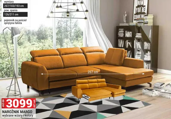 Narożnik Margo wybrane wzory i kolory 267/103/193cm pojemnik na pościel sprężyna falista promocja w Merkury Market