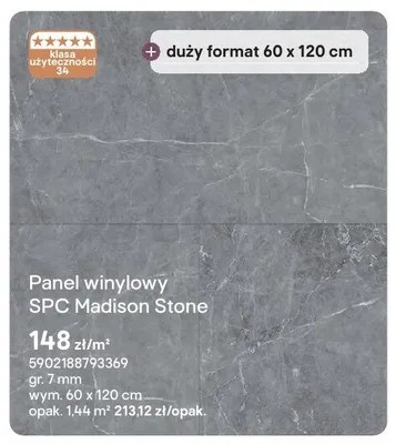 Panel winylowy SPC Madison Stone gr. 7mm wym. 60x120cm promocja w Castorama