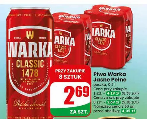 Piwo Warka Jasne Pełne puszka promocja w Dino