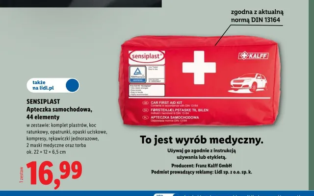 Apteczka samochodowa SENSIPLAST 44 elementy 22x12x6,5cm promocja w Lidl