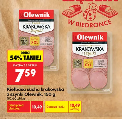 Kiełbasa sucha krakowska z szynki Olewnik promocja w Biedronka
