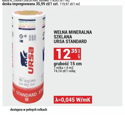 Wełna mineralna szklana Ursa Standard grubość 15 cm promocja w Merkury Market