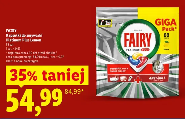 Kapsułki do zmywarki Fairy Platinum Plus Lemon promocja w Lidl