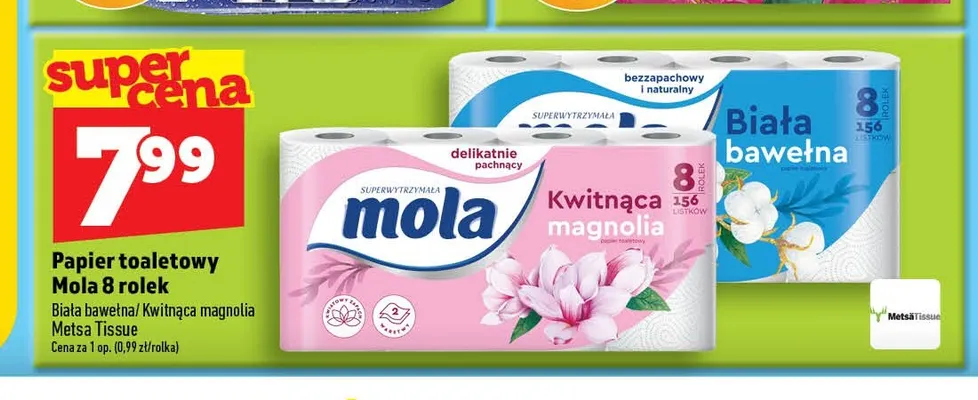 Papier toaletowy Mola Biała bawełna 8-pak promocja w TOPAZ