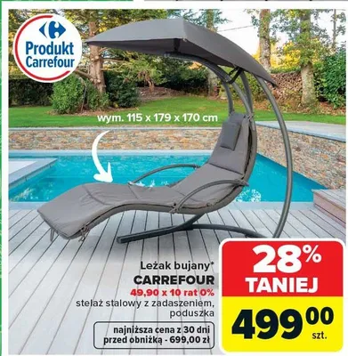 Leżak bujany Carrefour stelaż stalowy z zadaszeniem poduszka 115x179x170cm promocja w Carrefour