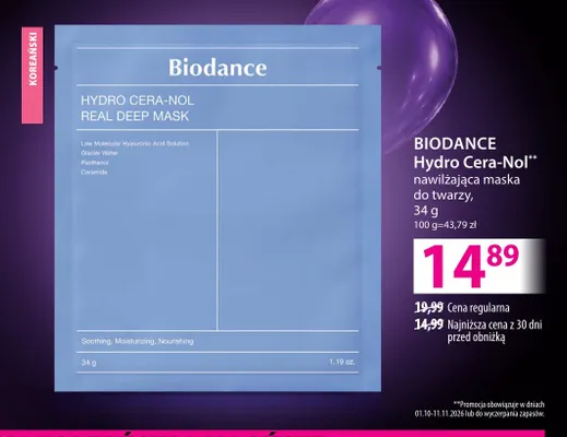 Nawilżająca maska do twarzy Hydro Cera-Nol Biodance promocja w Hebe