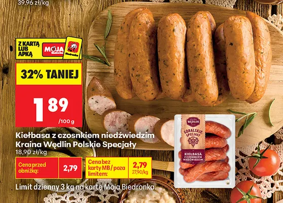 Kiełbasa z czosnkiem niedźwiedzim Kraina Wędlin Polskie Specjały promocja w Biedronka