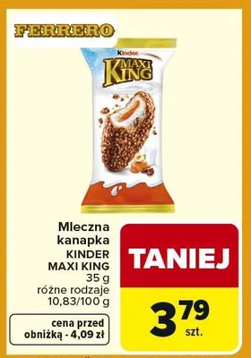 Mleczna kanapka Maxi King różne rodzaje Kinder promocja w Carrefour Market