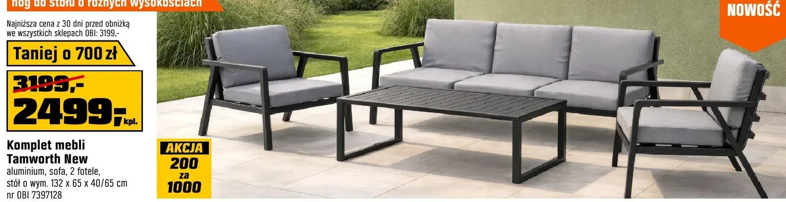 Komplet mebli Tamworth New aluminium, sofa, 2 fotele, stolik wym. 132x65x40cm nr OBI 7397182 promocja w OBI