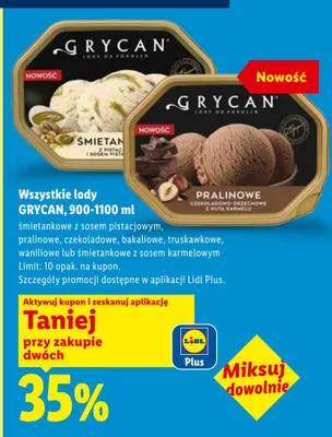 Lody śmietankowe z sosem pistacjowym, pralinowe, czekoladowe, bakaliowe, truskawkowe, waniliowe lub śmietankowe z sosem karmelowym promocja w Lidl