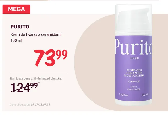 Krem do twarzy z ceramidami Purito Luminous Ceramide Moisturizer promocja w Rossmann