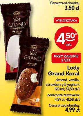 Lody grand koral almond, vanilla, strawberry & yoghurt promocja w Żabka