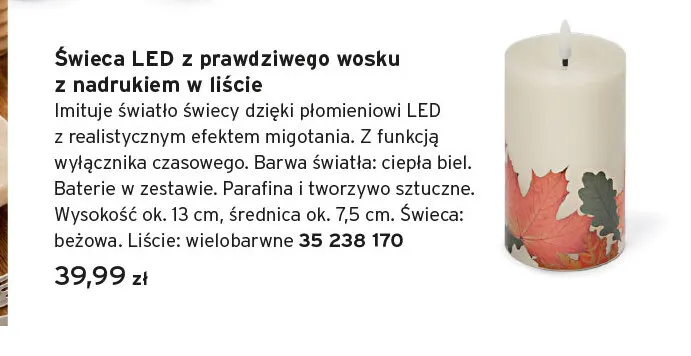 Świeca LED z prawdziwego wosku z nadrukiem w liście promocja w Tchibo
