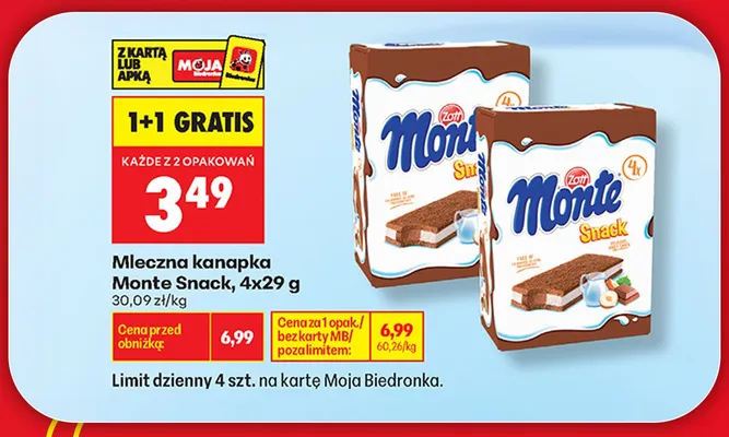 Mleczna kanapka Zott Monte Snack 4-pak 29 g promocja w Biedronka