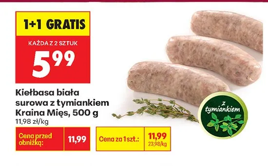 Kiełbasa biała surowa z tymiankiem Kraina Mięs promocja w Biedronka