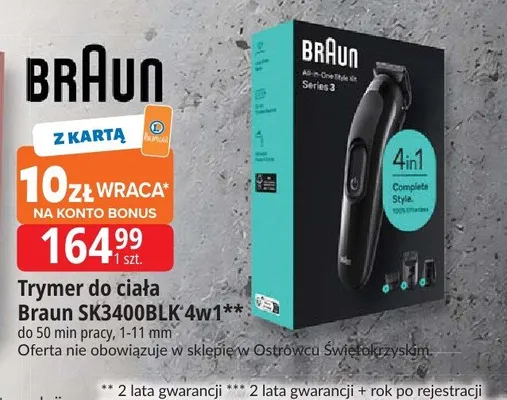 Trymer do ciała Braun SK3400BLK 4w1 do 50 min pracy 1-11mm promocja w Leclerc
